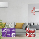 Sleek white OLMO Sierra series 2-zone 18k BTU mini split AC with r454b logos