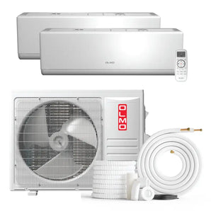 White split-system air conditioner with remote, perfect for 2 zone wall mount ductless mini split AC