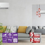 Air conditioner with warranty and certification logos for 2 Zone 18000 BTU OLMO Sierra mini split wall mount ductless AC