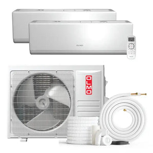 White air conditioning system from 2 Zone 18,000 BTU OLMO Sierra mini split wall mount ductless unit