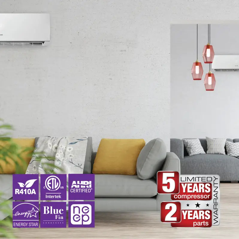 Mini split wall mount ductless AC with warranty and certifications for 3 zone 24,000 BTU