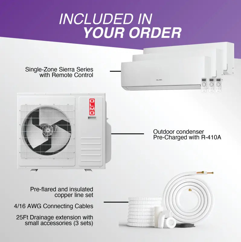 Mini split wall mount ductless AC components for 3 zone 24k BTU OLMO Sierra system