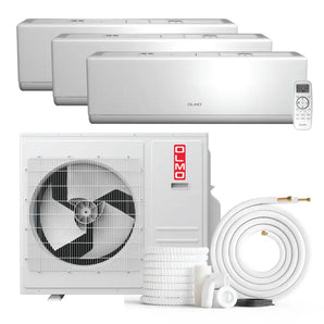 White mini split wall mount ductless AC system for 3 zone 24000 BTU tri zone setup