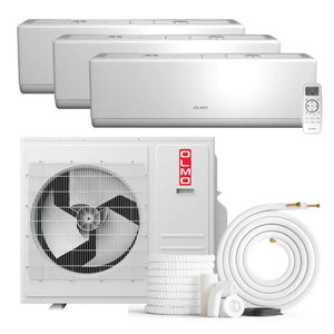 White mini split wall mount ductless AC system for 3 zone 24000 BTU tri zone setup