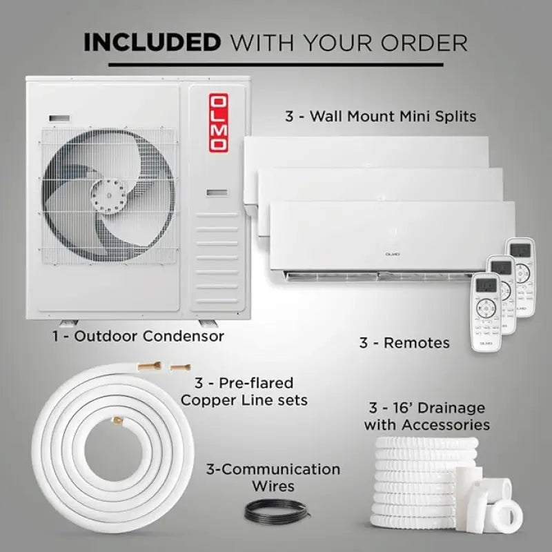 Mini split air conditioning components for OLMO 36,000 BTU tri zone wall mount ductless system