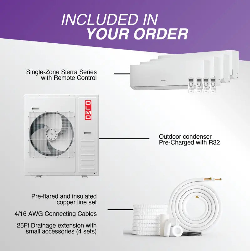 Mini split air conditioner system components with 25ft installation kits for C&H cooling and heating