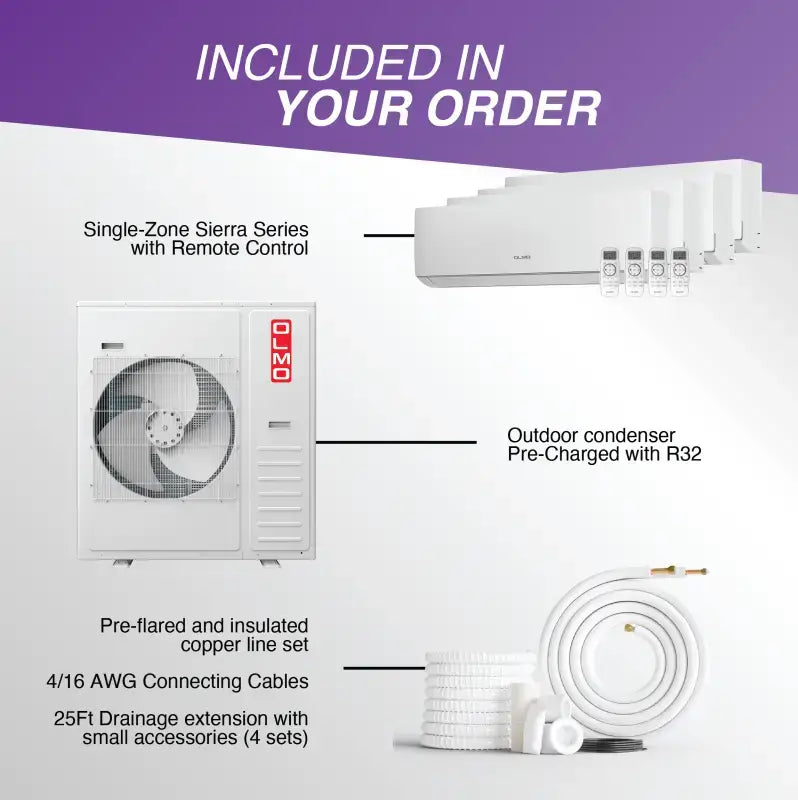 Mini split air conditioner system components with 25ft installation kits for C&H cooling and heating