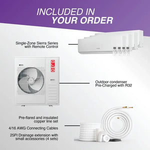 Mini split air conditioner system components with 25ft installation kits for C&H cooling and heating