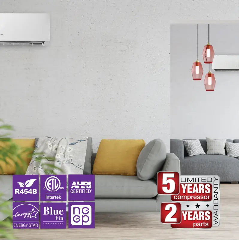 Mini split AC with certifications and warranty for 25ft install, from minisplits4less