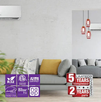 Sleek white OLMO 5-zone 42k BTU ductless mini split wall AC