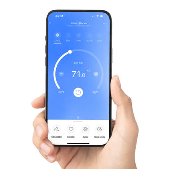 Hand controlling OLMO Sierra 12000 BTU R410A wall mount AC app on phone