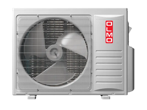 OLMO Sierra 18k BTU outdoor condenser with R410A refrigerant, silver grille, fan