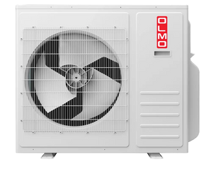 OLMO Sierra 24,000 BTU outdoor condenser with R410A refrigerant, white unit black fan grille