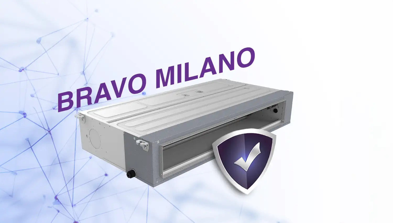 Silver rectangular air conditioning unit with purple shield and checkmark logo.