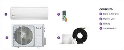 A split-system air conditioner, including indoor and outdoor units, a remote control, and an installation kit.