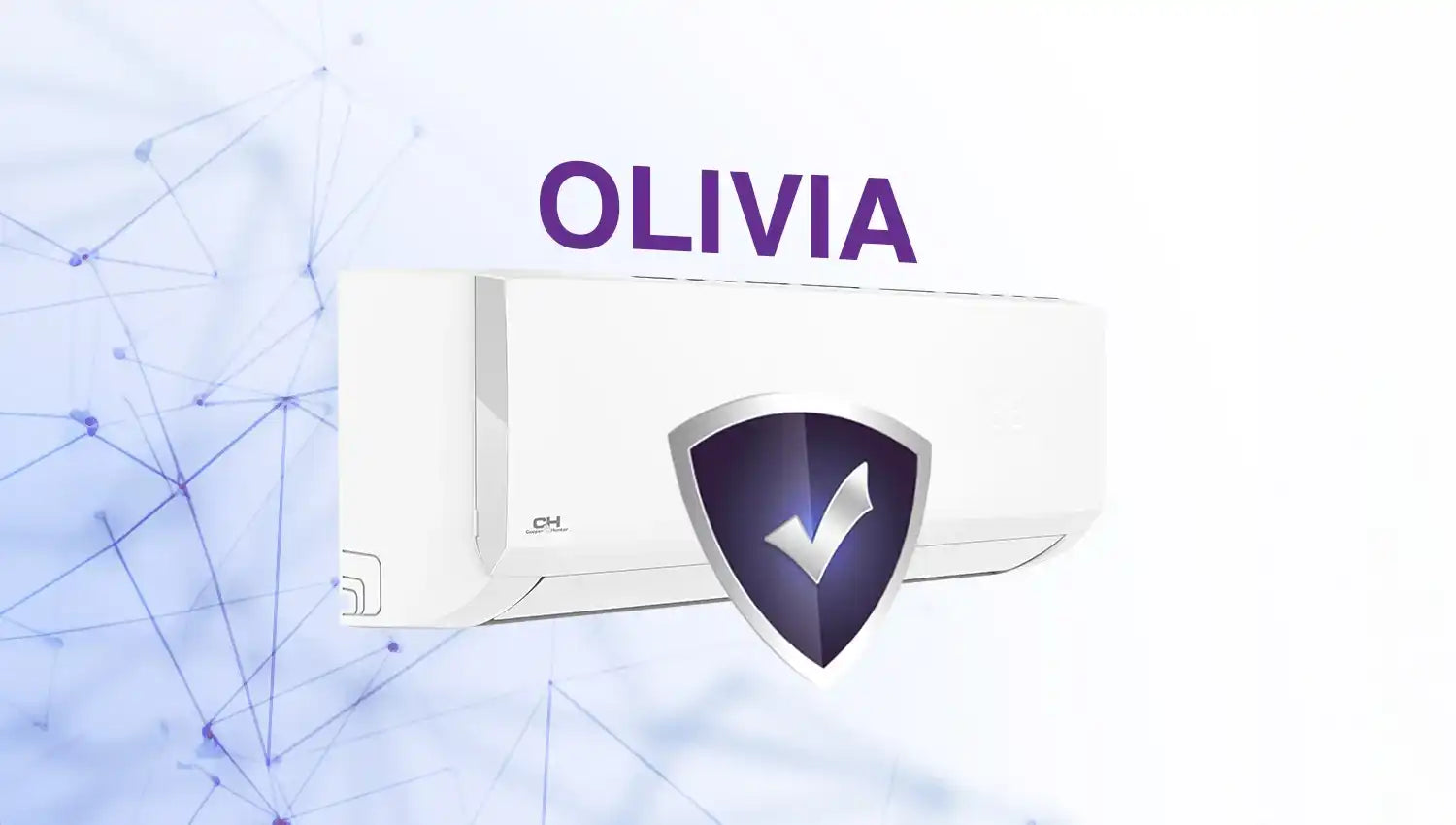 White air conditioner with purple shield logo and ’olivia’ text.