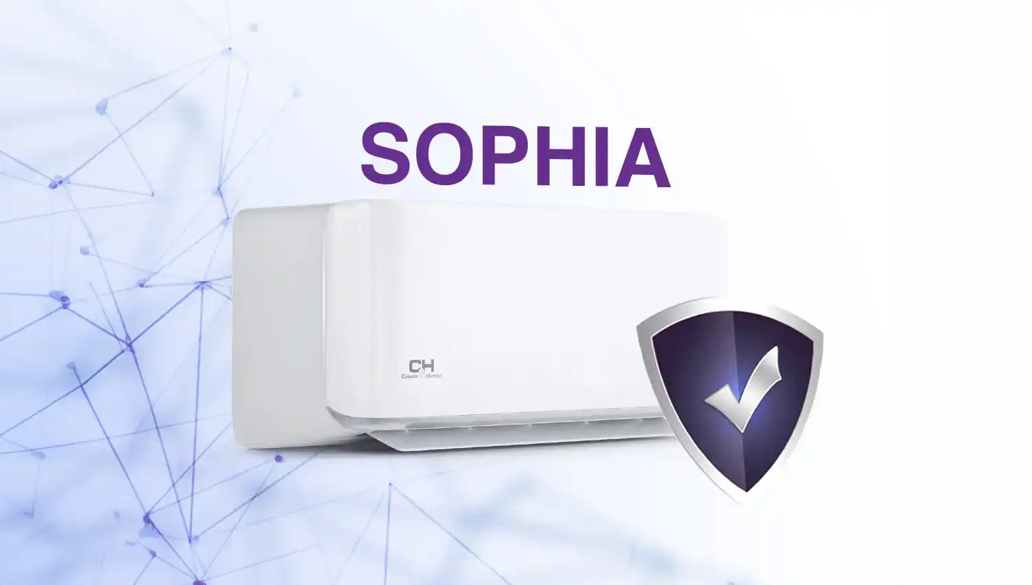 White air conditioning unit with purple text and shield logo.