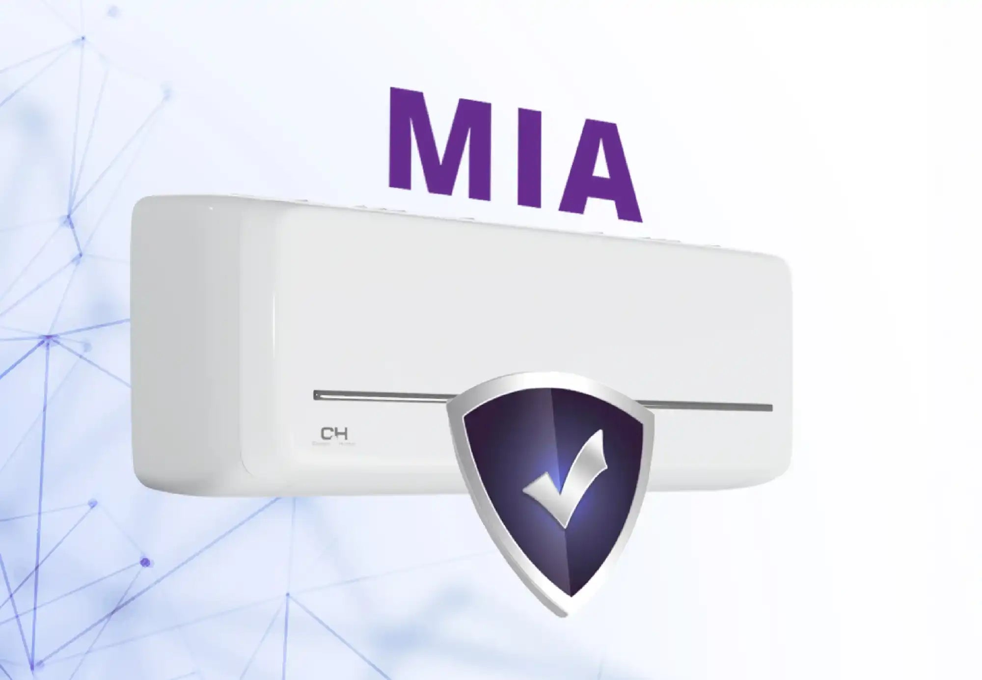 White air conditioning unit with shield logo and checkmark symbol.