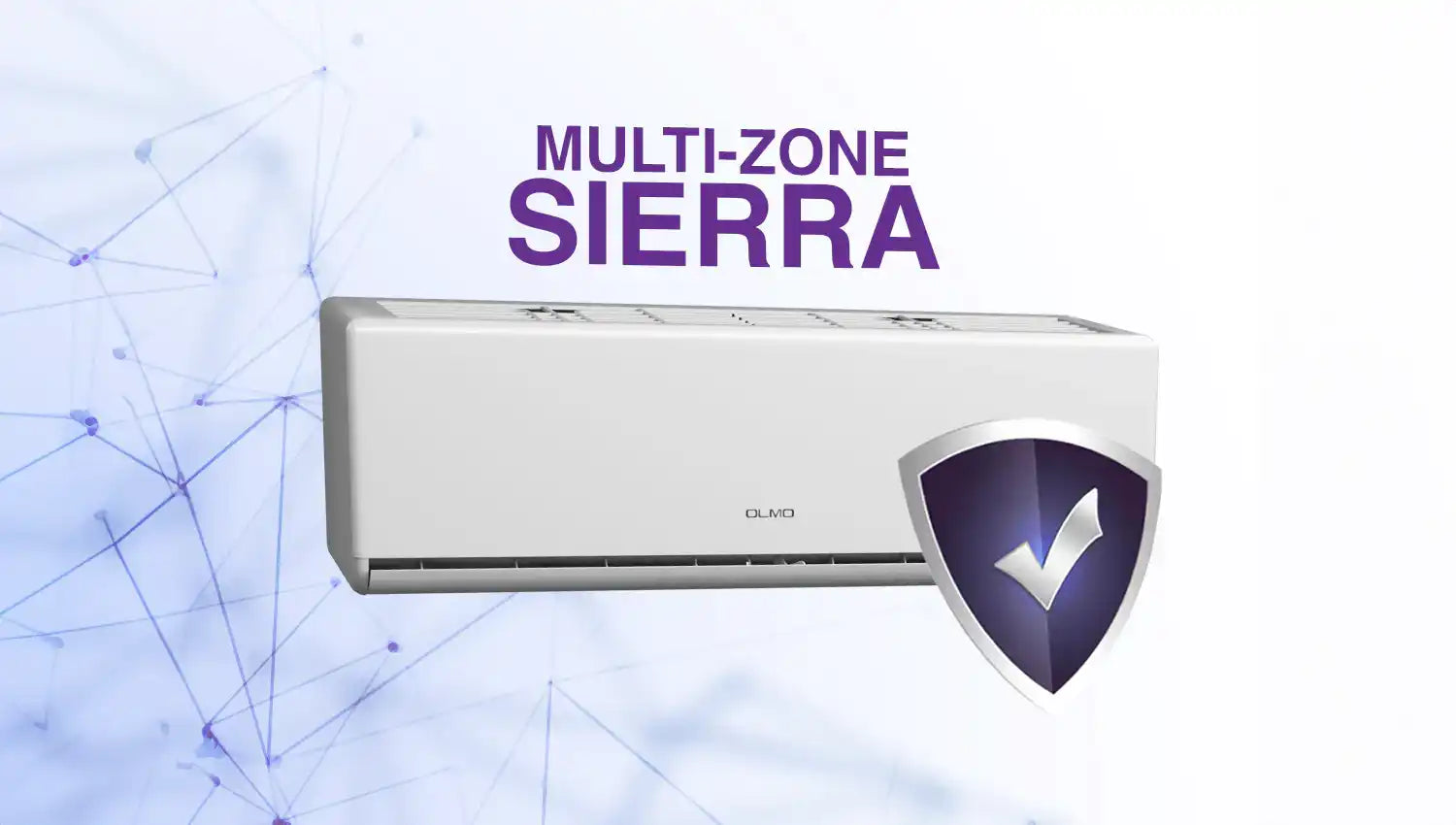 White multi-zone sierra air conditioner with shield logo and checkmark.