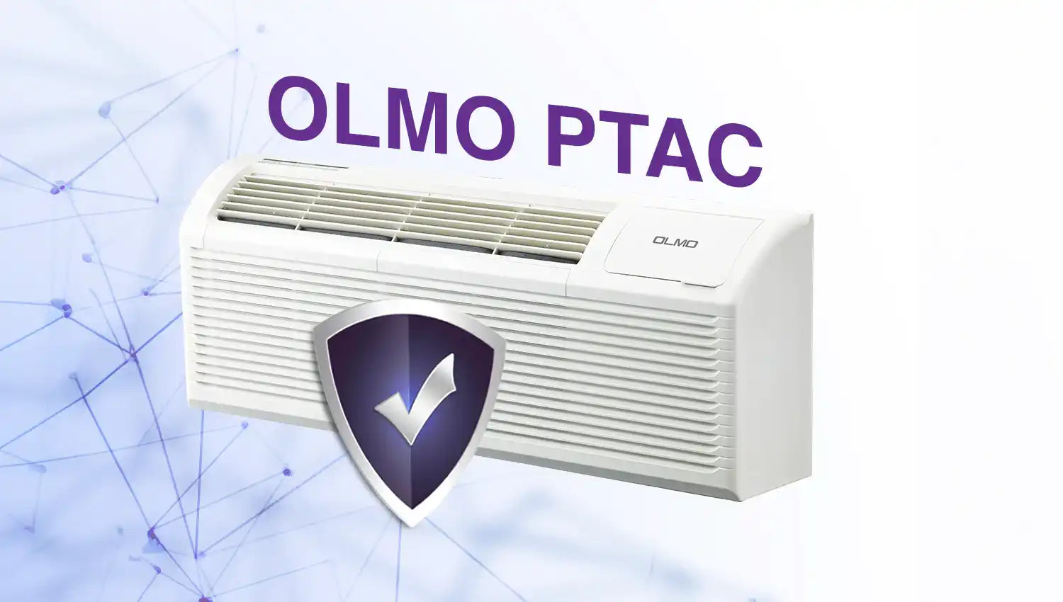White olmo ptac air conditioning unit with shield logo and checkmark symbol.