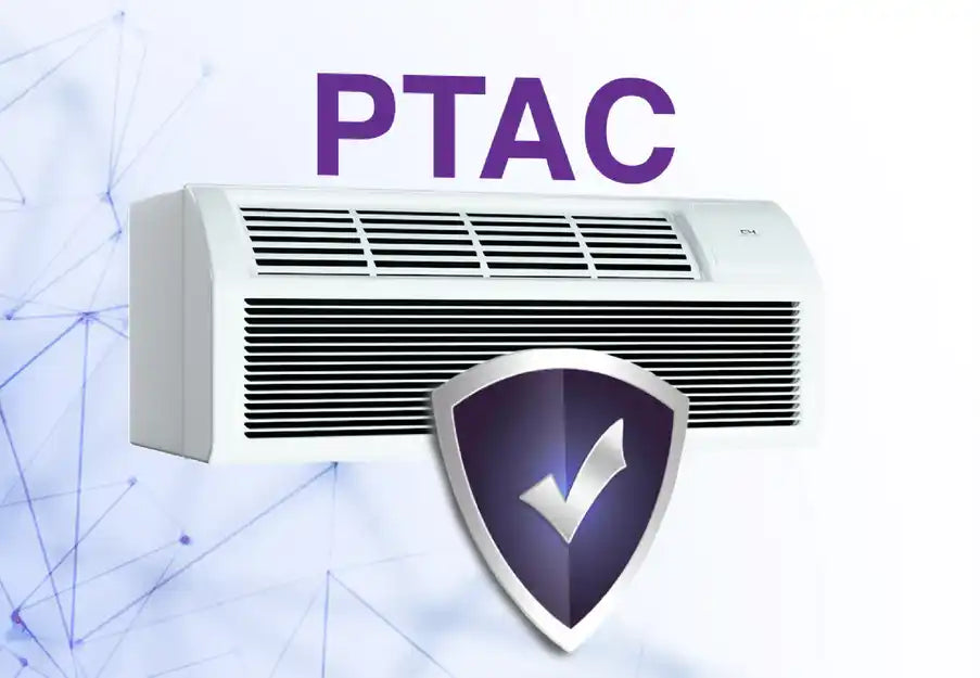 White ptac air conditioning unit with black grille and shield logo.