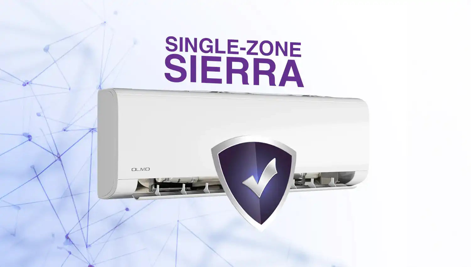 White single-zone sierra air conditioner with purple shield logo and network background design.