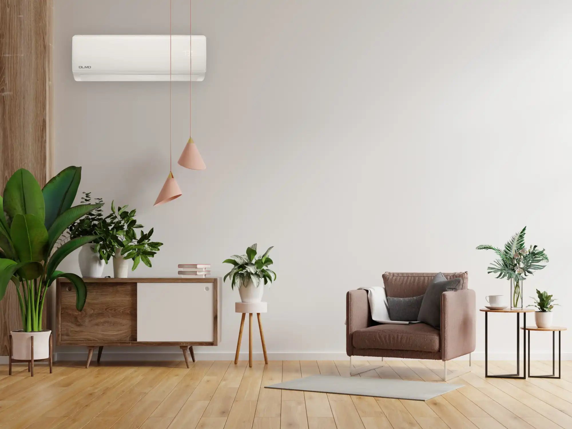 White wall-mounted air conditioner with sleek design and modern aesthetic.