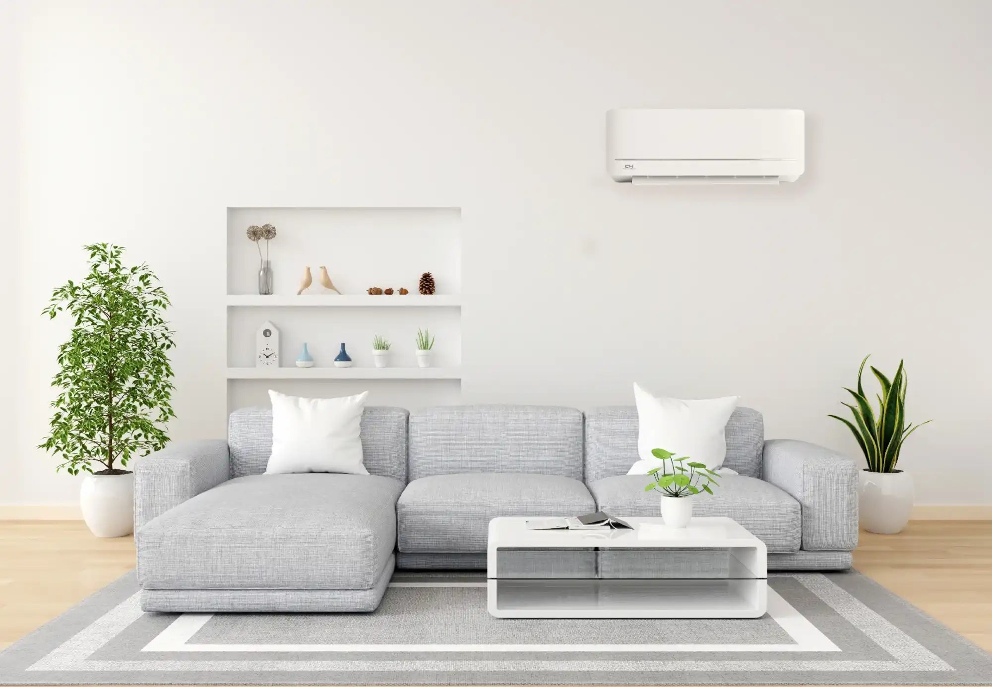 White wall-mounted air conditioner with sleek design and modern aesthetic.