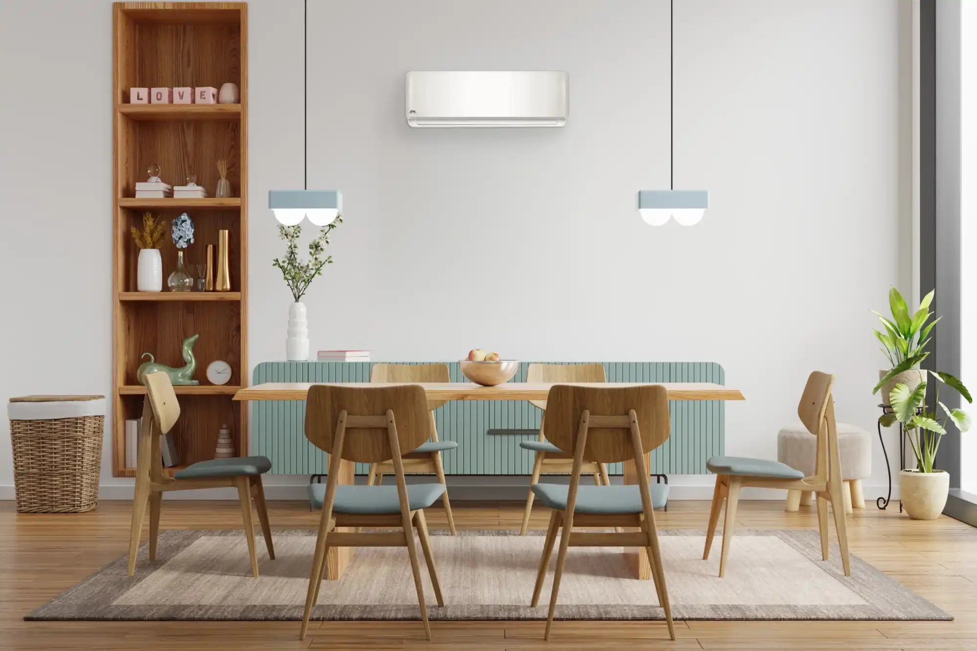 White wall-mounted air conditioner with sleek modern design and minimalist aesthetic.