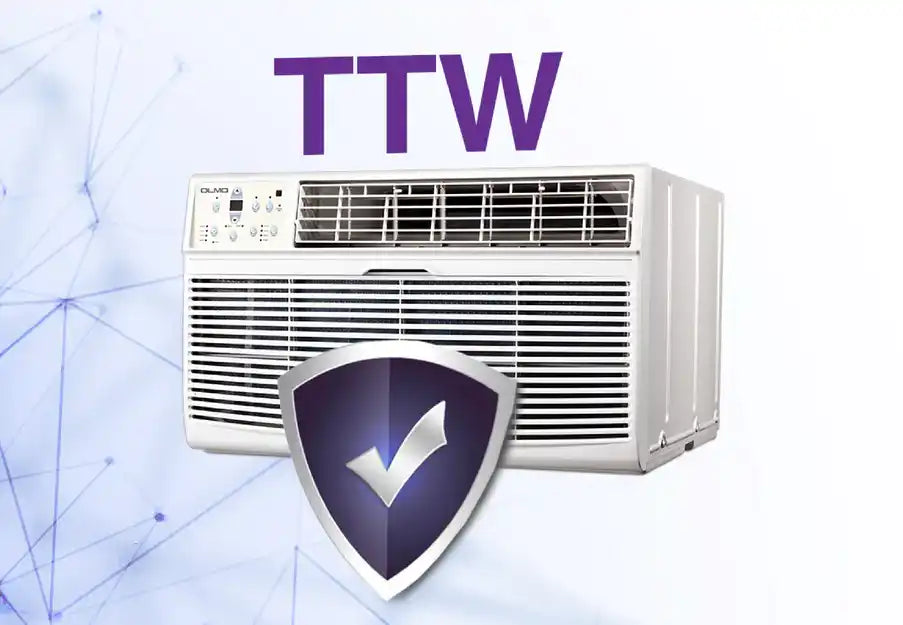 White window air conditioner with purple shield and checkmark logo.